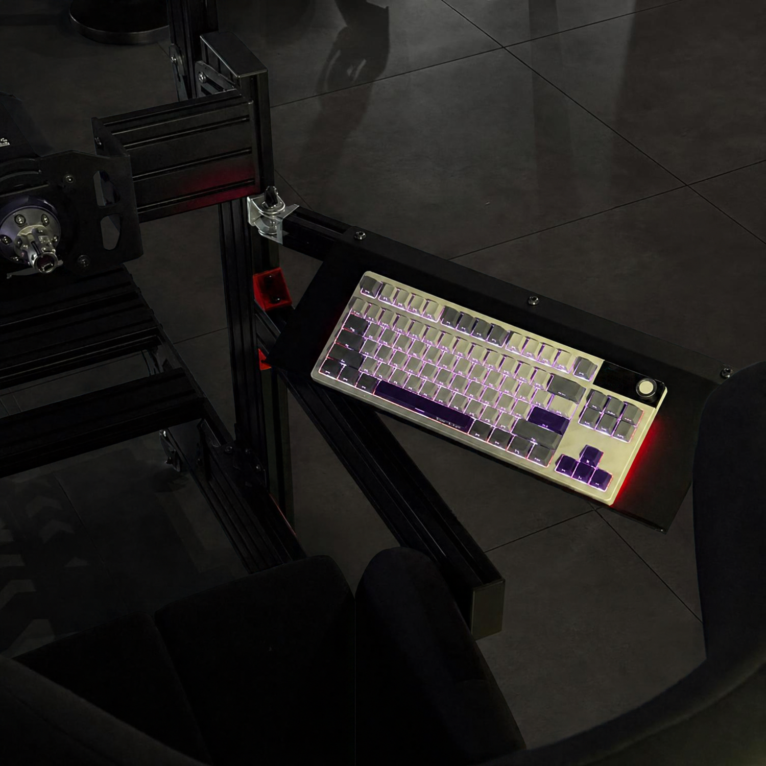 SimXPro adjustable keyboard tray pulled towards the sim racing seat